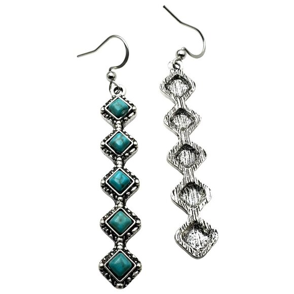 Western Style Silver Tone Chandelier Pierced Earrings Faux Turquoise 2.5" - Picture 3 of 5